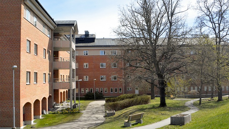 Stort rött tegelhus vid grön park