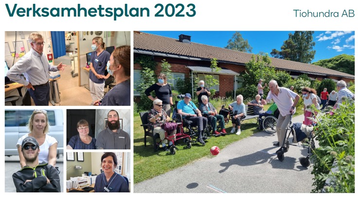 Bild med texten Verksamhetsplan 2023 och Tiohundras logotyp. Småbilder som visar människor i vård- och omsorgsmiljöer samt en stor bild som visar äldre som spelar bowling utomhus i solen.