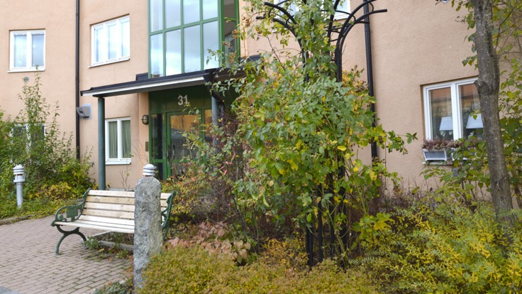Hyreshus, buskar och en soffa