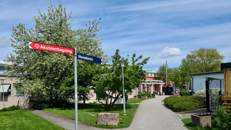 Skylt som visar mot akutmottagning och huvudentré. Försommar, grönska och blå himmel.