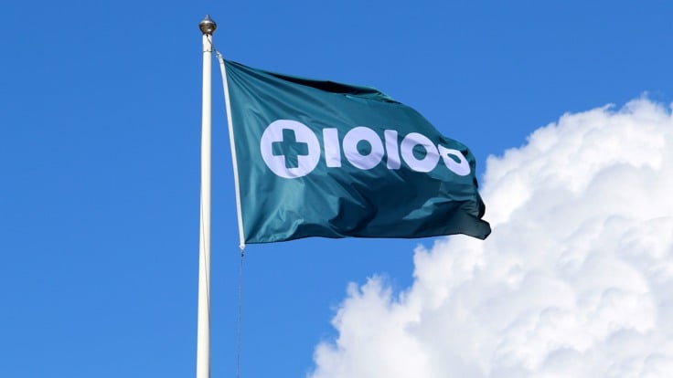 Flagga med Tiohundras logotyp. Blå himmel med sommarmoln.