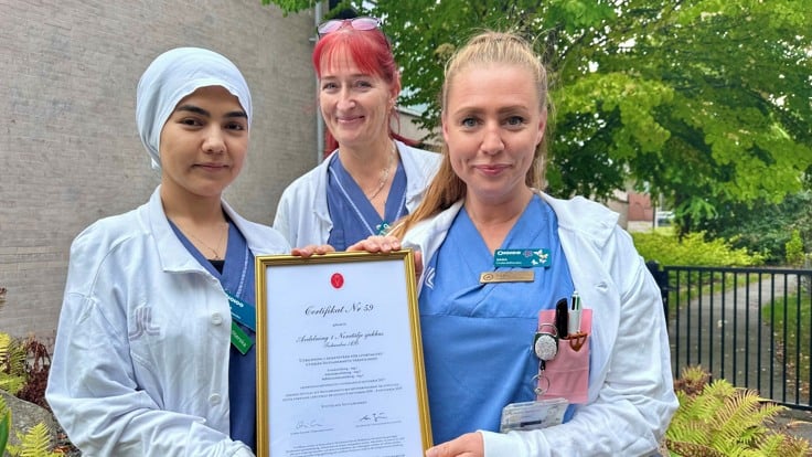 Tre personer klädda i vårdkläder står på rad utomhus. I bakgrunden syns en bit av en fasad och ett träd. Två av personerna håller i ett inramat papper.