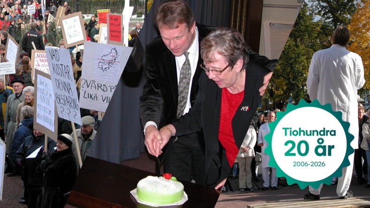 Lokalpolitikerna Håkan Jonsson och Kajsa Hansson firar namngivningen av Tiohundra i december 2005.