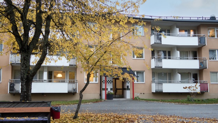 Bänk och träd i höstfärger framför hyreshus